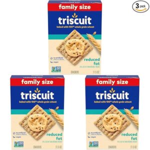 Triscuit Reduced Fat Whole Grain Wheat Crackers, Vegan Crackers, Vegan Snacks, Lunch Snacks, Family Size, 11.5 oz (Pack of 3)