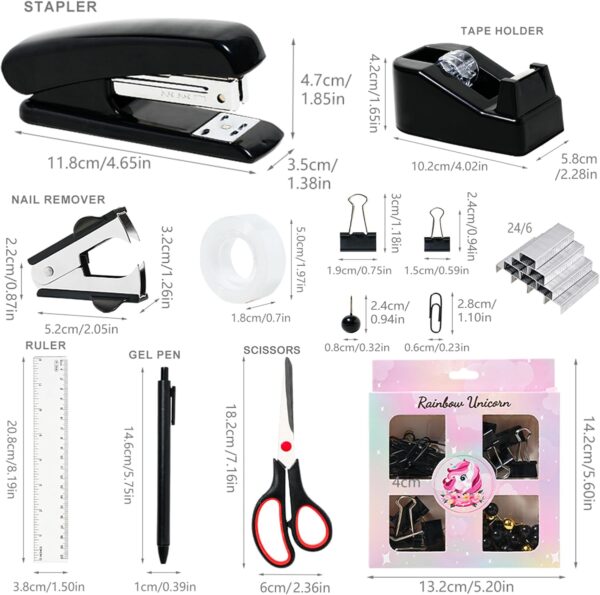 Black Desk Accessories with Pen Holder, Office Supplies Desk Organizers and Accessories, Tape Dispenser, Stapler, Staple Remover, Staples, Clips Set, Ruler, Scissor, Pen - Image 3