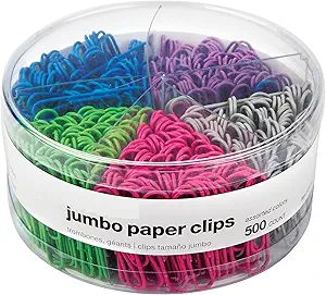 1InTheOffice Jumbo Paper Clips, Non-Skid, Vinyl Coated, Assorted Colors, 500/Pack, 1 Pack