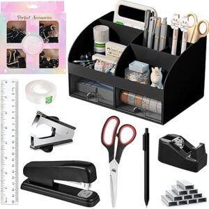 Black Desk Accessories with Pen Holder, Office Supplies Desk Organizers and Accessories, Tape Dispenser, Stapler, Staple Remover, Staples, Clips Set, Ruler, Scissor, Pen