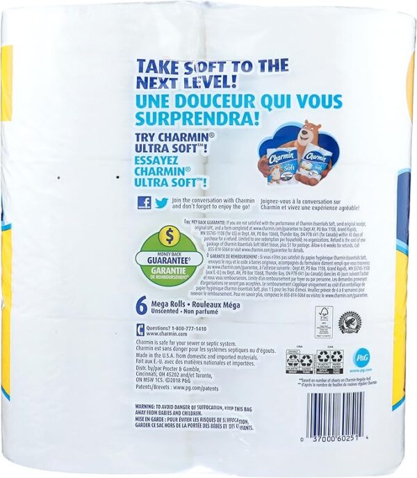 Charmin, Essentials Soft 2-Ply Mega Toilet Paper, 352 Sheets Per Roll, Pack of 6 Rolls - Image 3