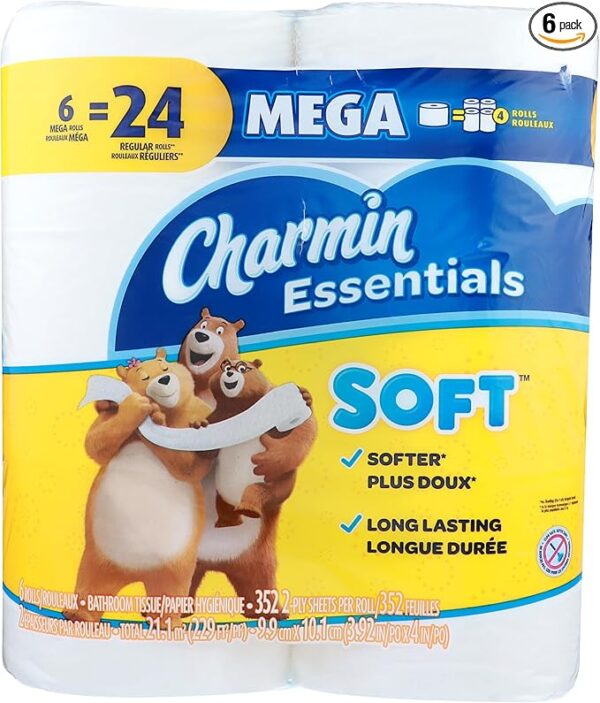 Charmin, Essentials Soft 2-Ply Mega Toilet Paper, 352 Sheets Per Roll, Pack of 6 Rolls